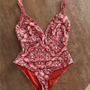 ASOS Red and Pink One Piece Swimsuit with Plunging V-neckline